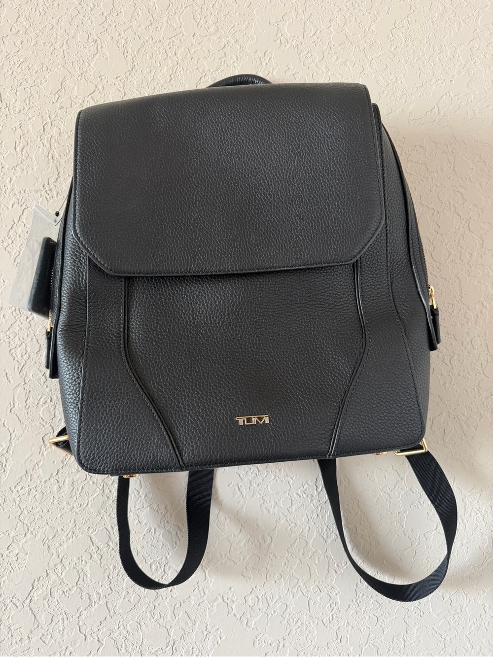 Tumi Black Leather Backpack with Gold Hardware